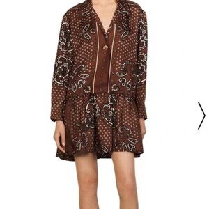 Sandro Paris Brown Paisley Floral Print Shirt Dress Size 40